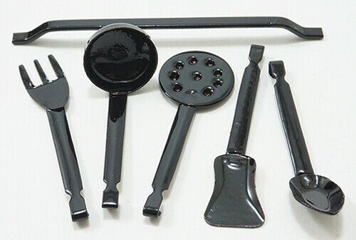 Dollhouse Miniature 5 Black Utensils with Hanging Rod