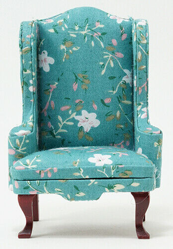 Dollhouse Miniature Chair, Mahogany with Turquoise Fabric