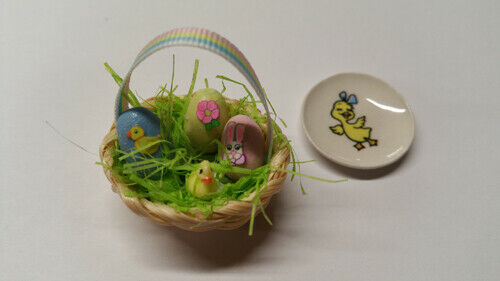 Dollhouse Miniature Easter Basket with Eggs Handcrafted