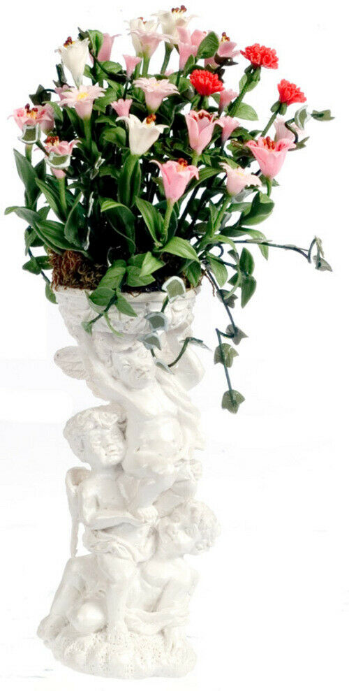 Dollhouse Miniature Pink, White, Red Flowers in Resin Pedestal