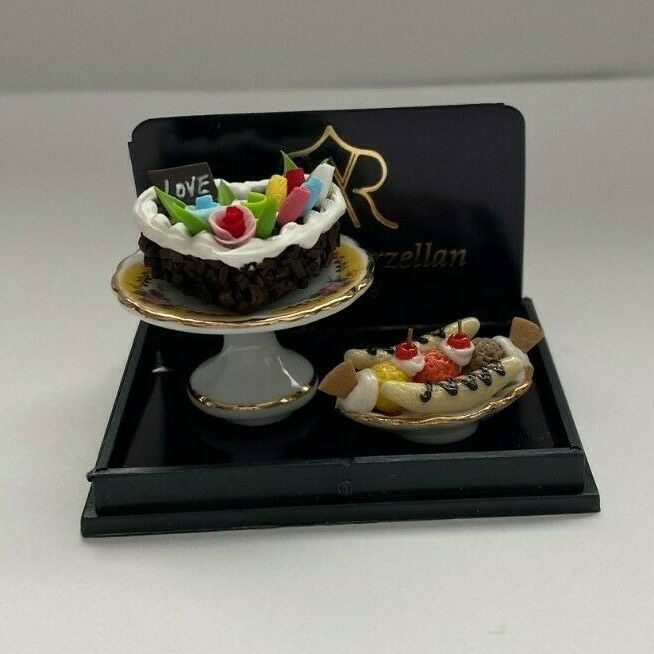 Reutter Porcelain - Dollhouse Miniature Cake on a Plate and Banana Split