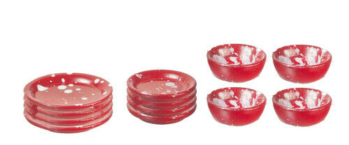 Dollhouse Miniature Red Spatterware Dishes Set of 12