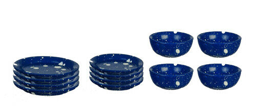 Dollhouse Miniature Blue Spatterware Dishes Set of 12