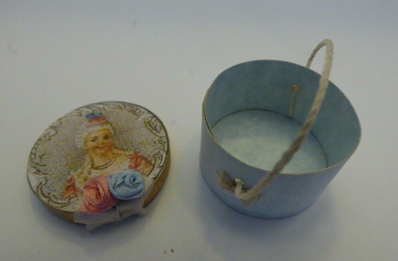 Dollhouse Miniature Blue Hatbox with Pink and Blue Flowers Handcrafted