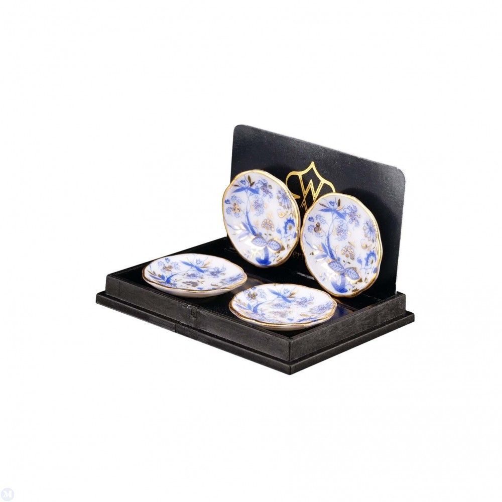 Reutter Porcelain - Dollhouse Miniature Blue and Gold Dinner Plates Set of 4