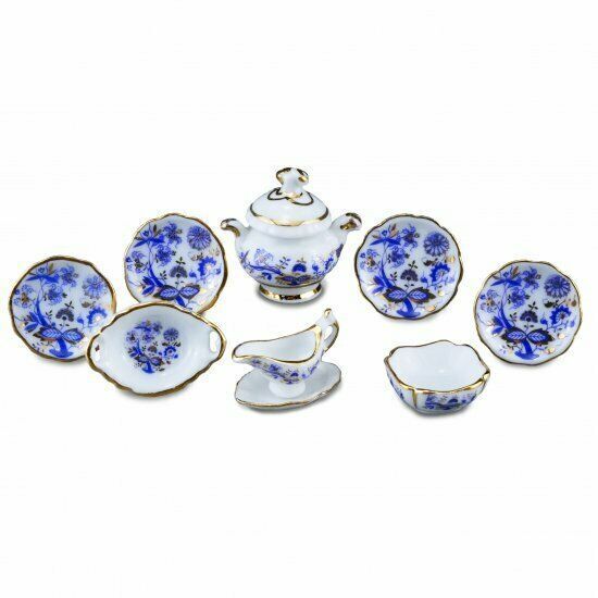 Reutter Porcelain - Dollhouse Miniature Blue Onion Dinner Set for 4