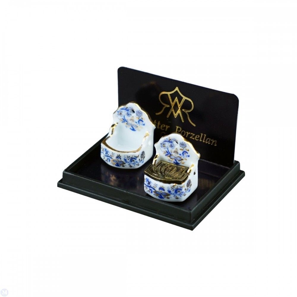 Dollhouse Miniature - Reutter Porcelain - Pair of Blue/Gold Salt Cellars
