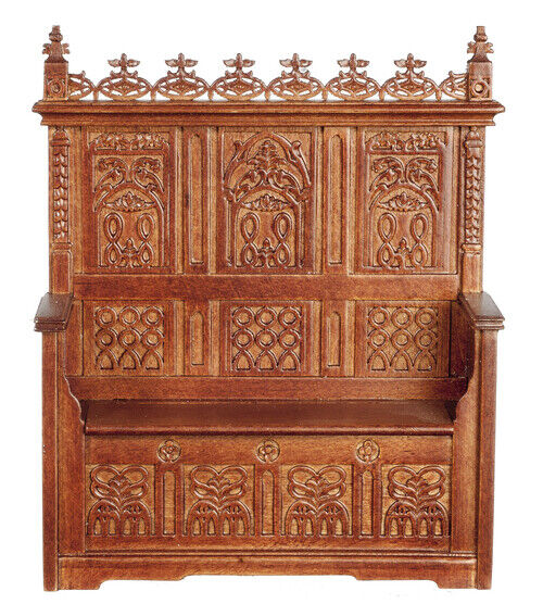 JBM Fine Miniature Gothic Monks Bench in Walnut for Dollhouse