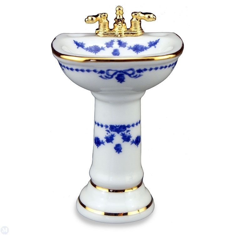 Reutter Porcelain - Dollhouse Miniature Blue Bow Bathroom Set