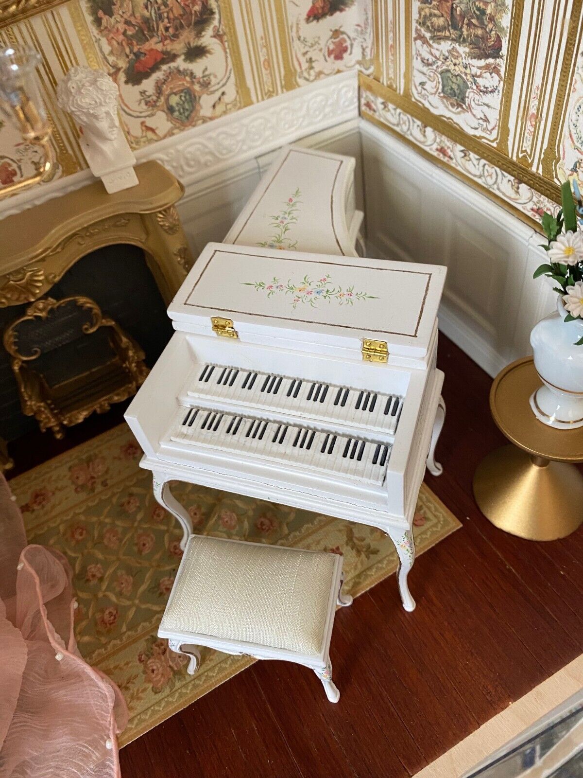 Dollhouse Miniature White French Baroque Piano by JBM