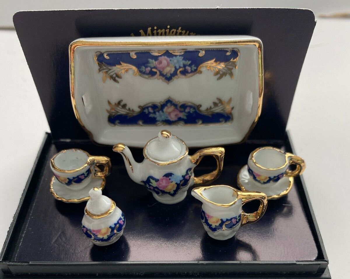 Reutter Porcelain - Dollhouse Miniature Coffee Set - Blue and Gold