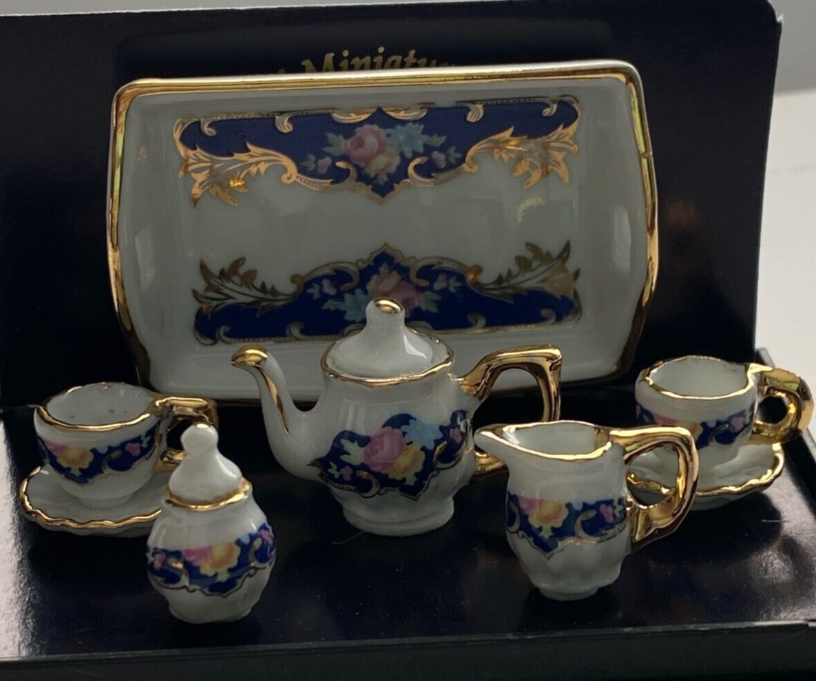 Reutter Porcelain - Dollhouse Miniature Coffee Set - Blue and Gold