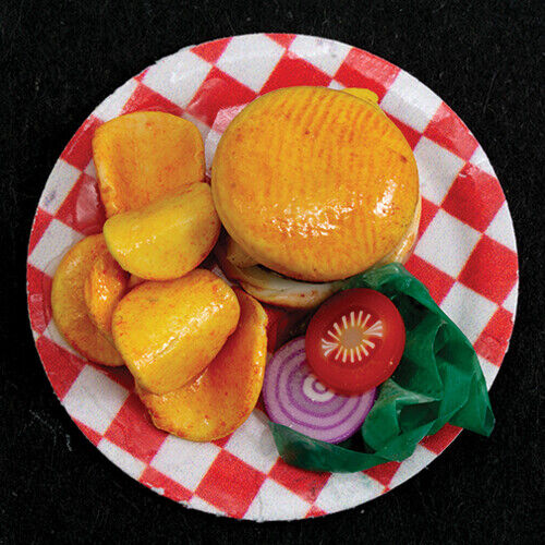 Dollhouse Miniature Hamburger with Chips and Toppings on Checkered Plate