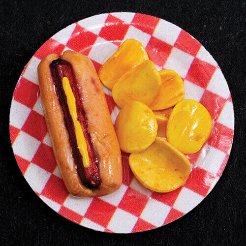 Dollhouse Miniature Hot Dog with Chips on Checkered Plate