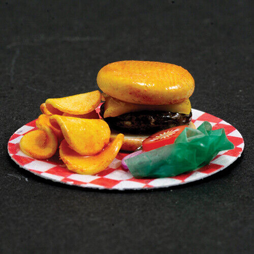 Dollhouse Miniature Hamburger with Chips and Toppings on Checkered Plate