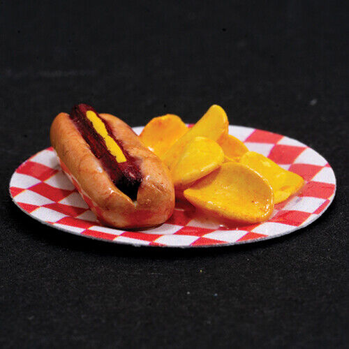 Dollhouse Miniature Hot Dog with Chips on Checkered Plate