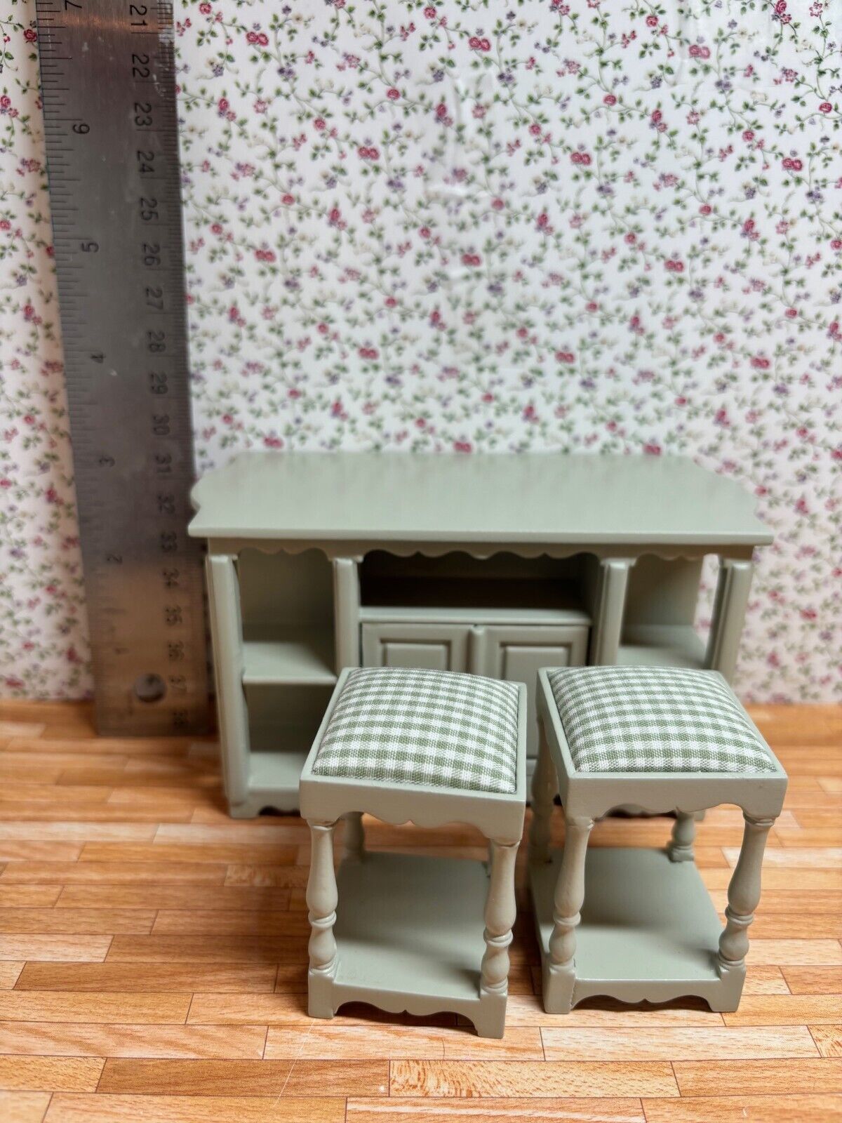 Gorgeous 3-Piece Kitchen Island + Stools for Dollhouse in Sage - Special Design