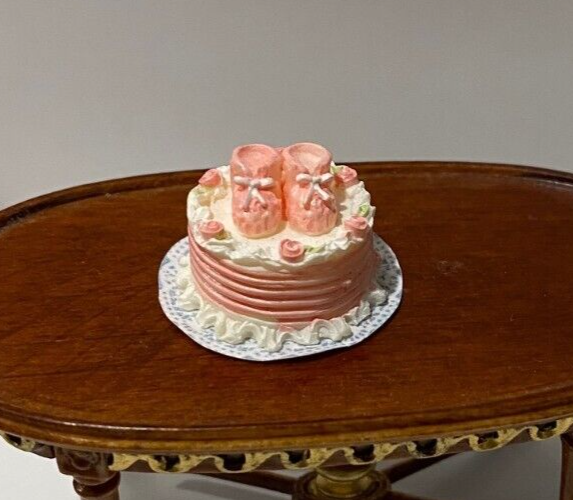 Dollhouse Miniature  Cake with Pink Baby Shoes by Falcon Miniatures