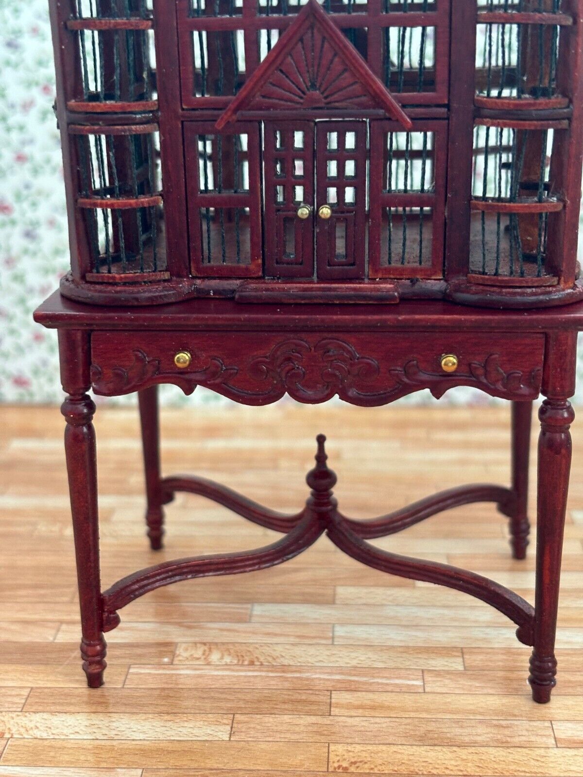 Dollhouse Miniature Elegant Mahogany Bird Cage on Table by Hansson