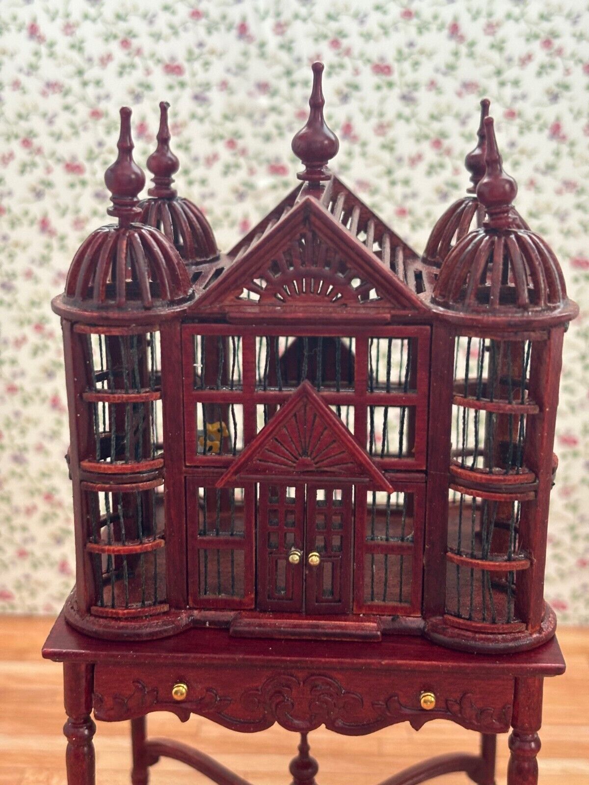 Dollhouse Miniature Elegant Mahogany Bird Cage on Table by Hansson