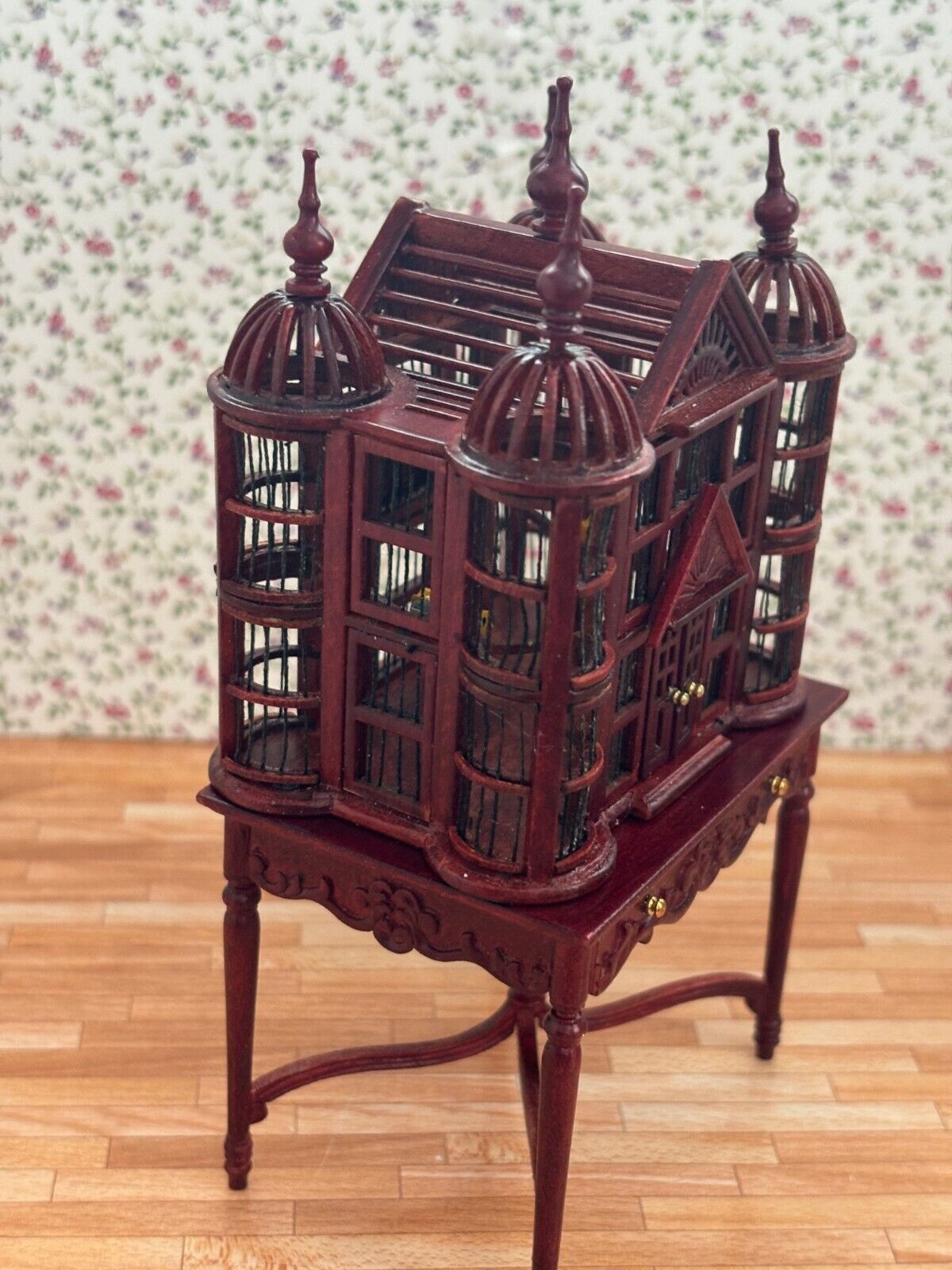 Dollhouse Miniature Elegant Mahogany Bird Cage on Table by Hansson