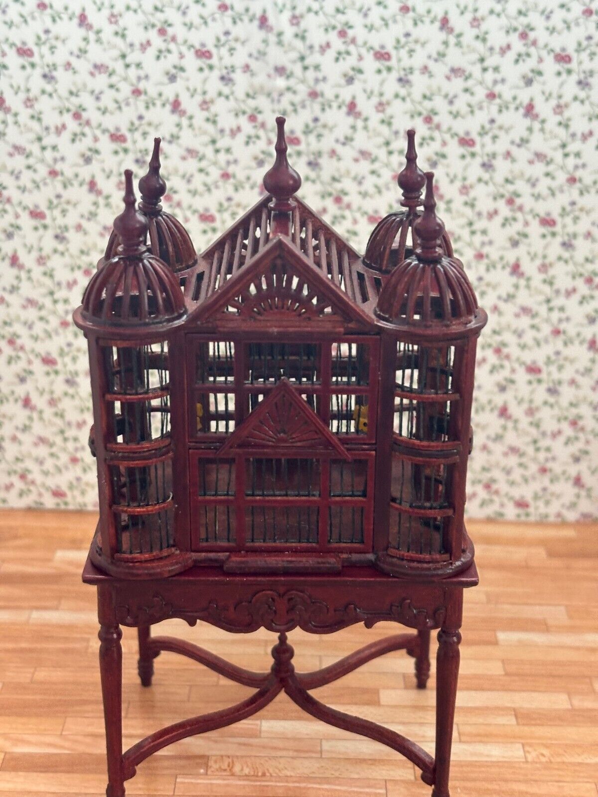 Dollhouse Miniature Elegant Mahogany Bird Cage on Table by Hansson