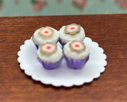 Dollhouse Miniature Plate of Purple Cupcakes Set of 4 - Handcrafted