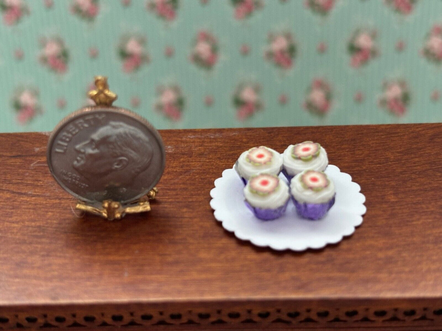 Dollhouse Miniature Plate of Purple Cupcakes Set of 4 - Handcrafted