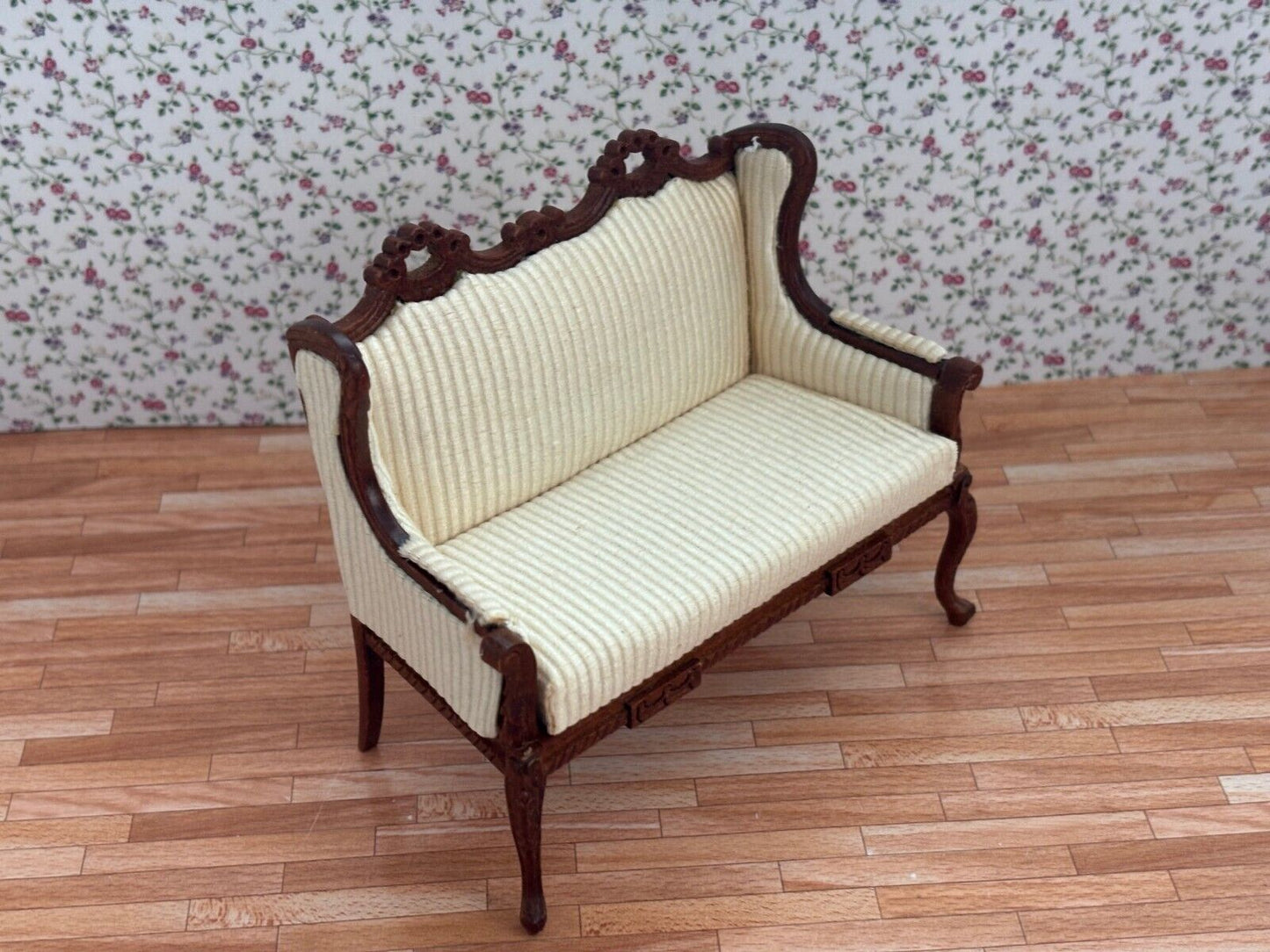 Dollhouse Miniature Walnut Settee with Corduroy Upholstery - Platinum Collection