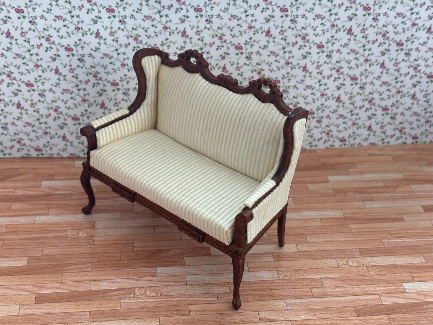 Dollhouse Miniature Walnut Settee with Corduroy Upholstery - Platinum Collection