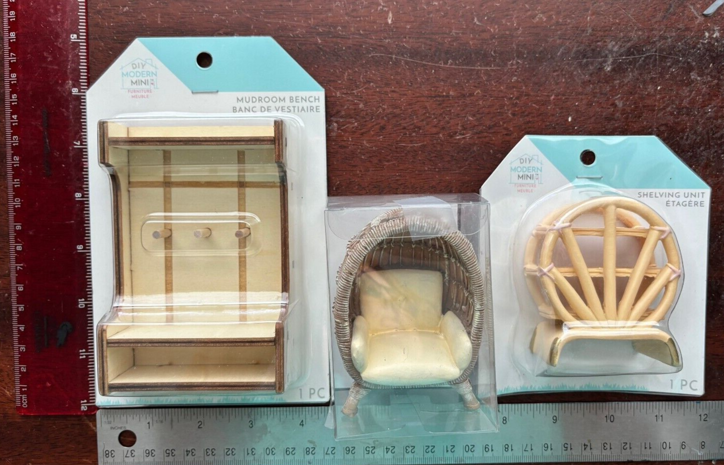 DIY Modern Mini Dollhouse Furniture - Mudroom Bench, Shelving Unit, Rattan Chair