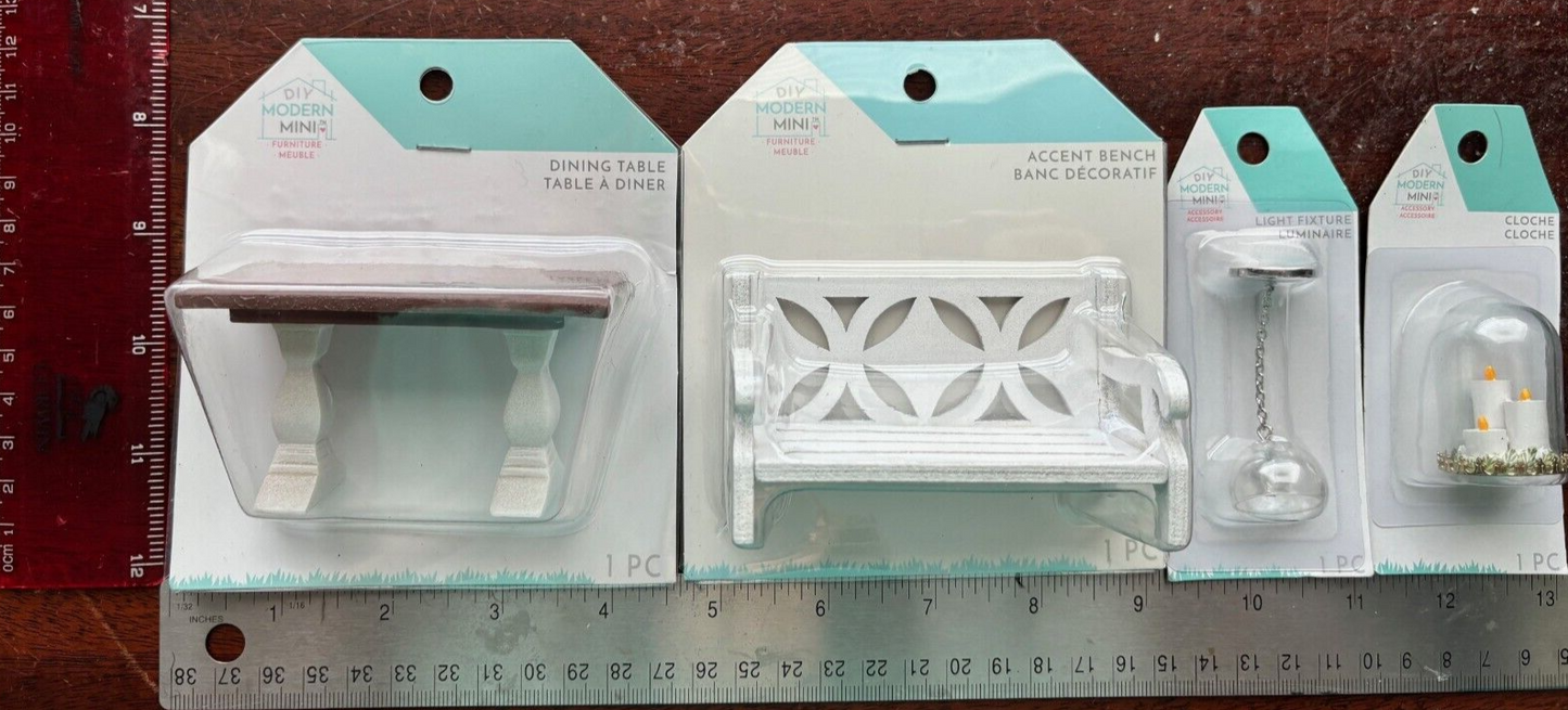 DIY Modern Mini Dollhouse Furniture - Dining Table, Accent Bench, Light, Cloche