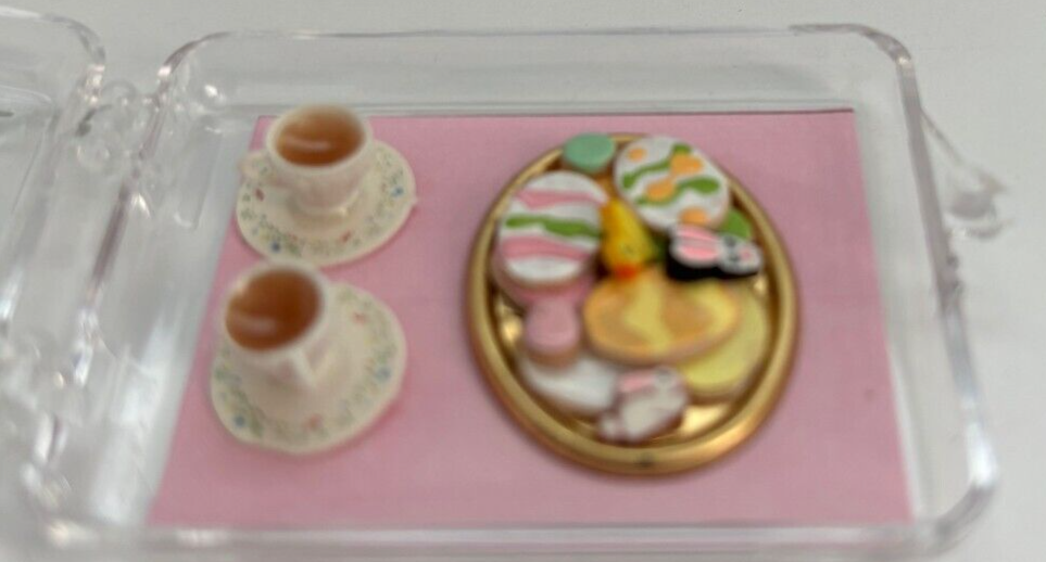 Dollhouse Miniature Easter Cookies on Tray with 2 Cups of Tea