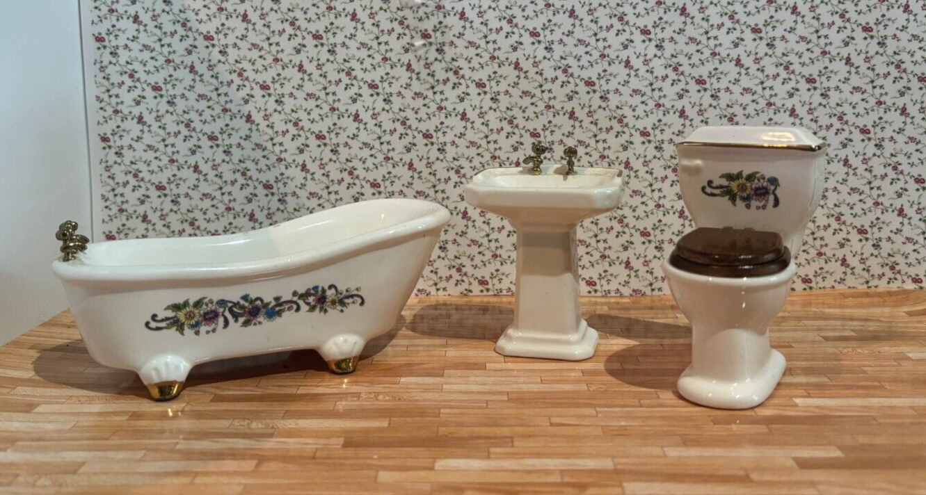 Dollhouse Miniature Ceramic Bathroom Set of 3