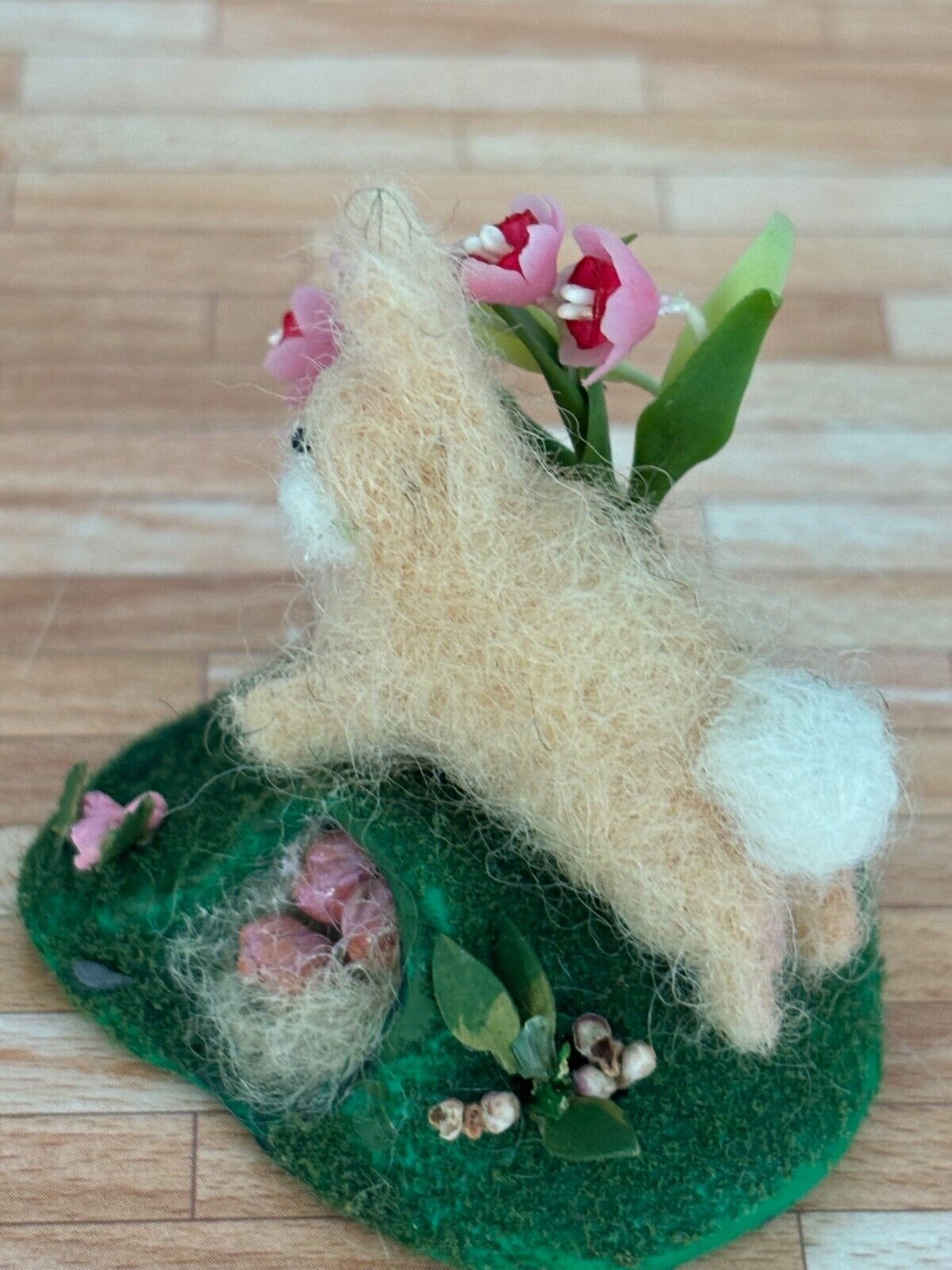 Dollhouse Miniature Felted Bunny in Spring Scene, Handcrafted
