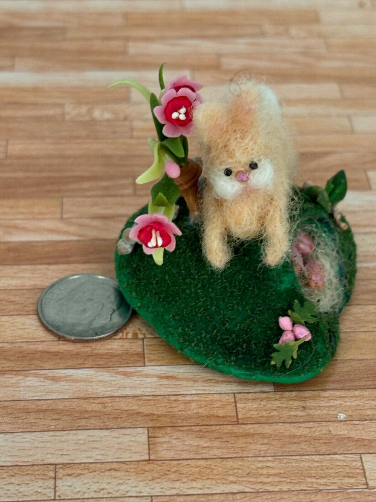 Dollhouse Miniature Felted Bunny in Spring Scene, Handcrafted