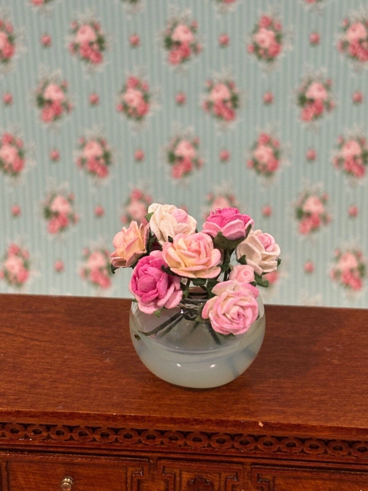 Dollhouse Miniature Glass Bowl of Roses Handcrafted
