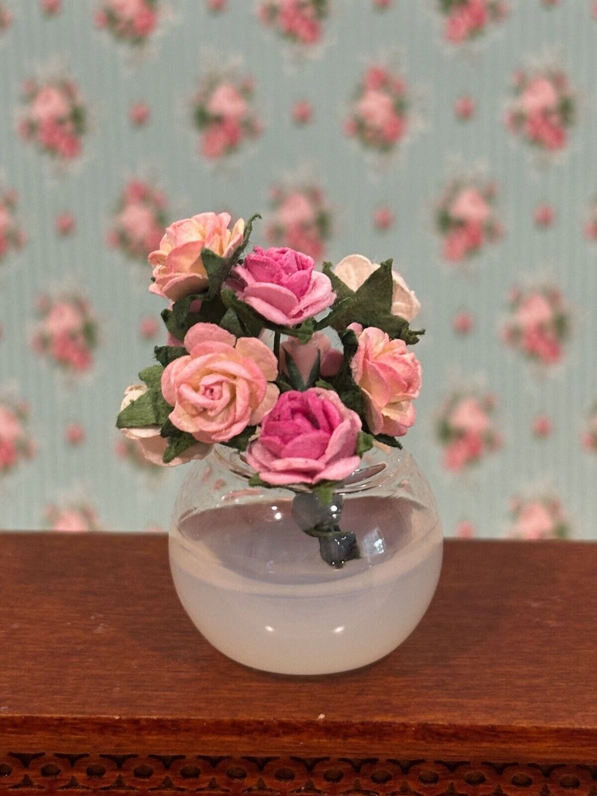 Dollhouse Miniature Glass Bowl of Roses Handcrafted
