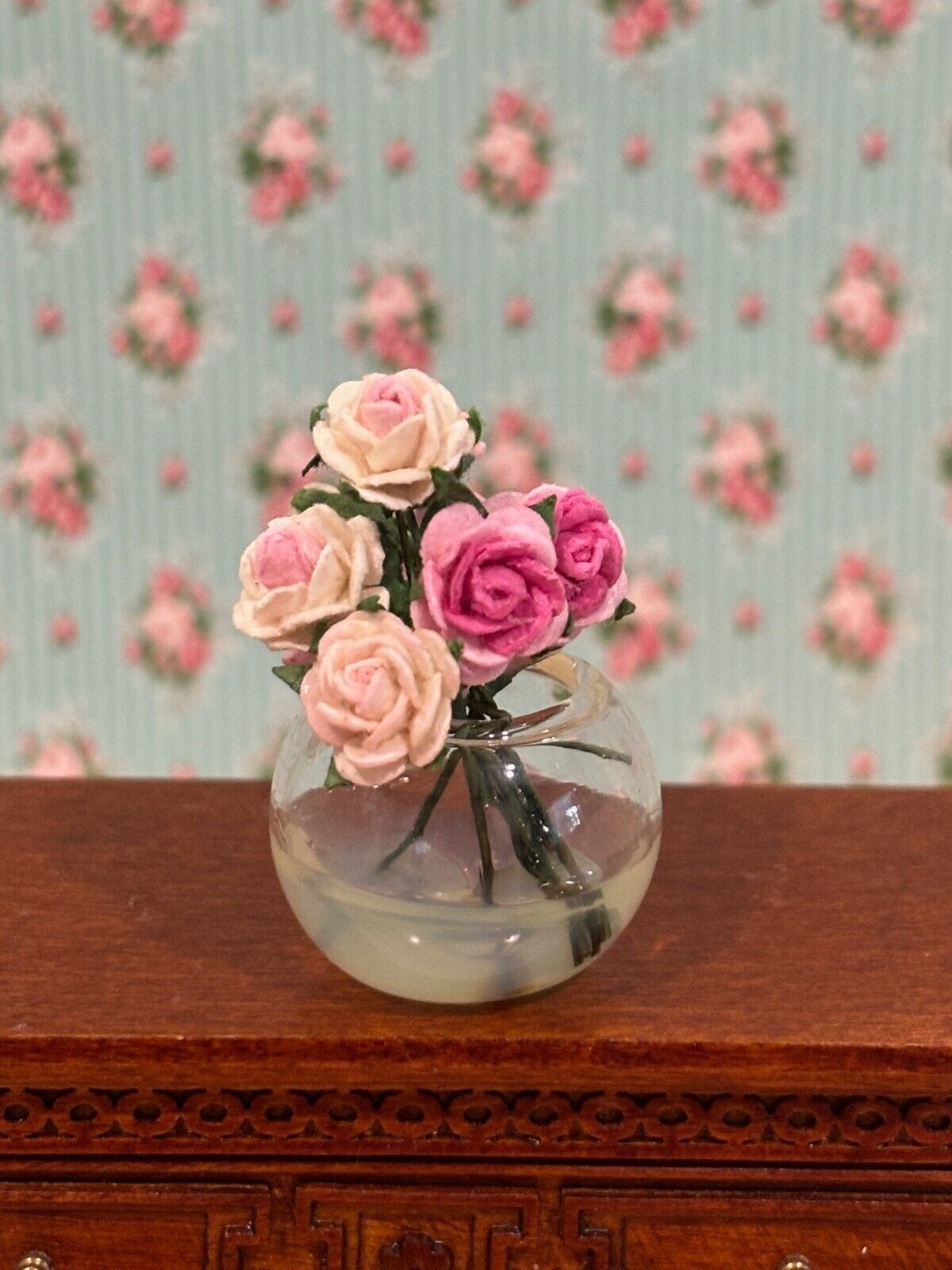 Dollhouse Miniature Glass Bowl of Roses Handcrafted
