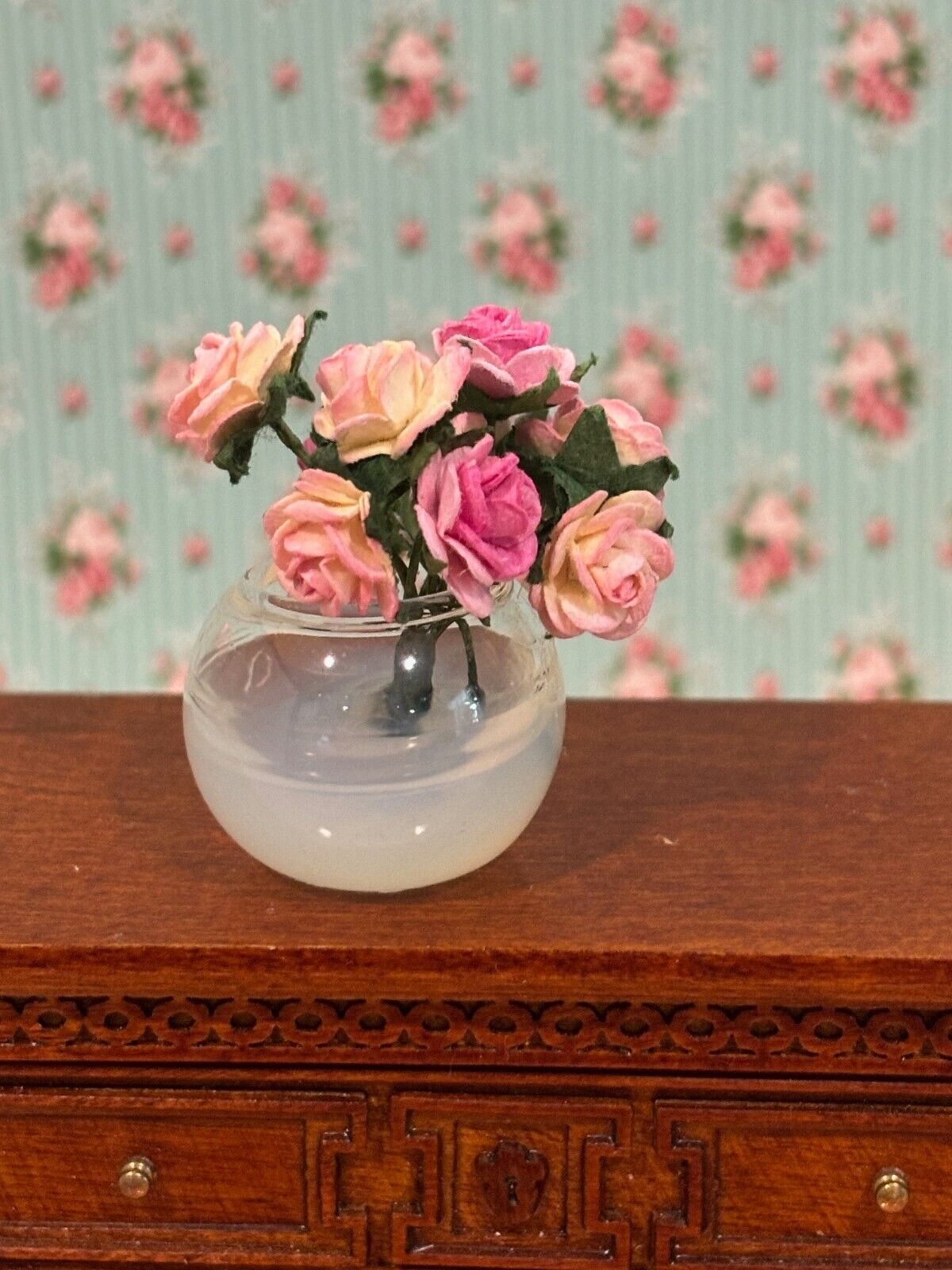 Dollhouse Miniature Glass Bowl of Roses Handcrafted