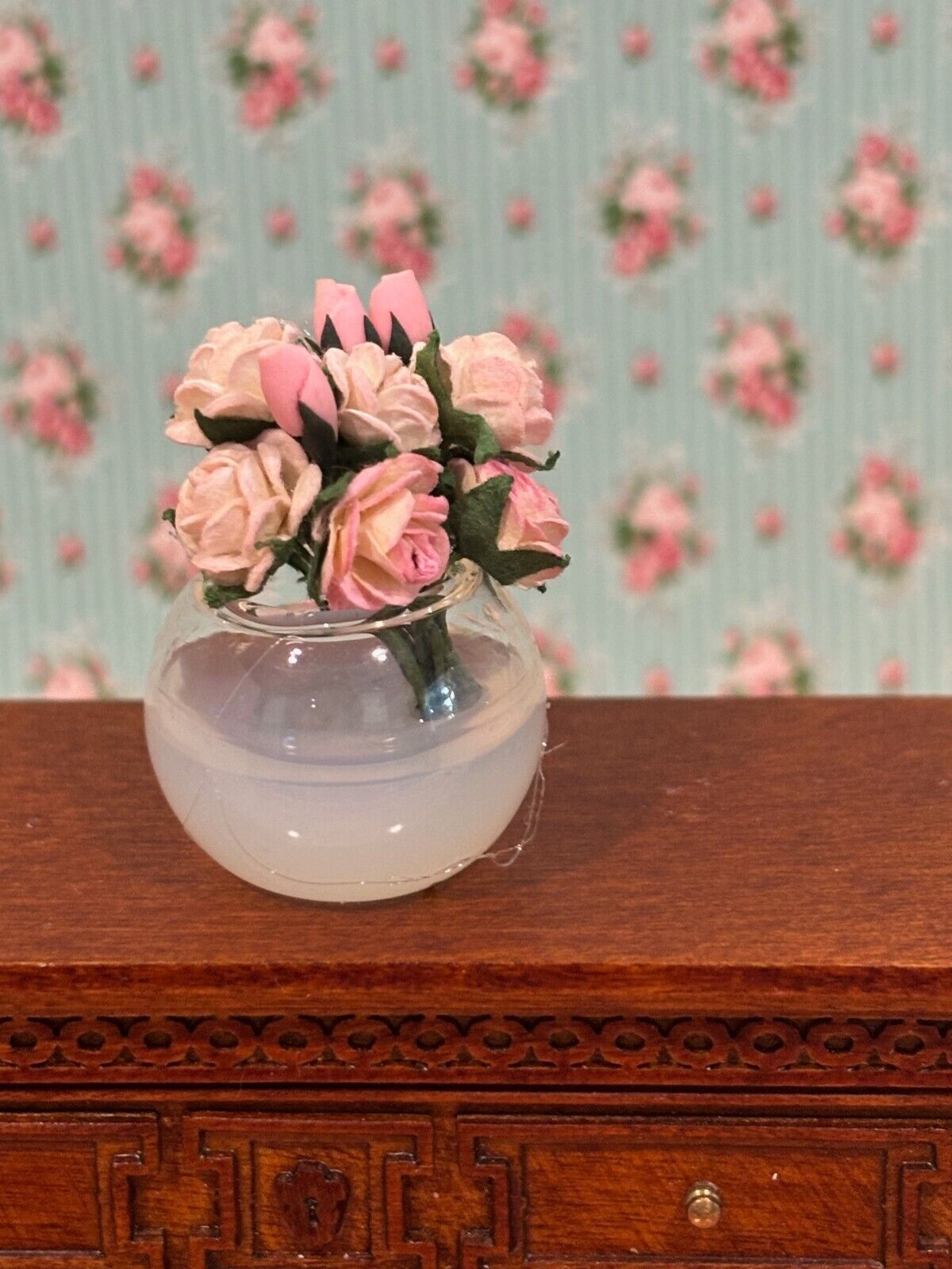 Dollhouse Miniature Glass Bowl of Roses Handcrafted
