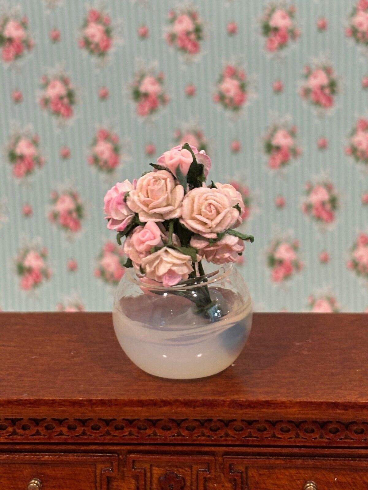 Dollhouse Miniature Glass Bowl of Roses Handcrafted