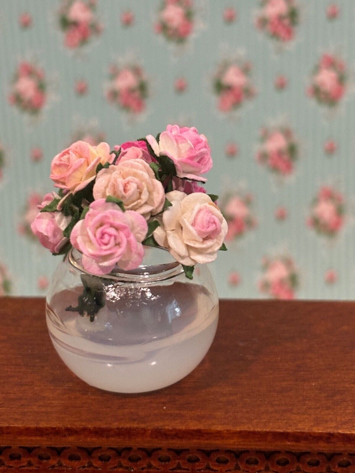 Dollhouse Miniature Glass Bowl of Roses Handcrafted