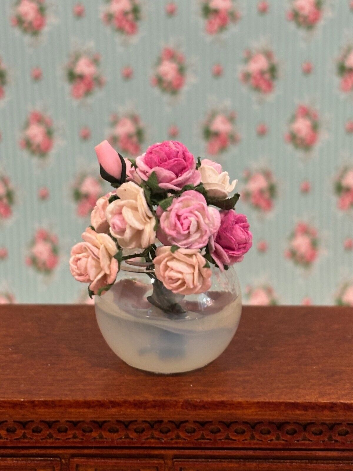 Dollhouse Miniature Glass Bowl of Roses Handcrafted