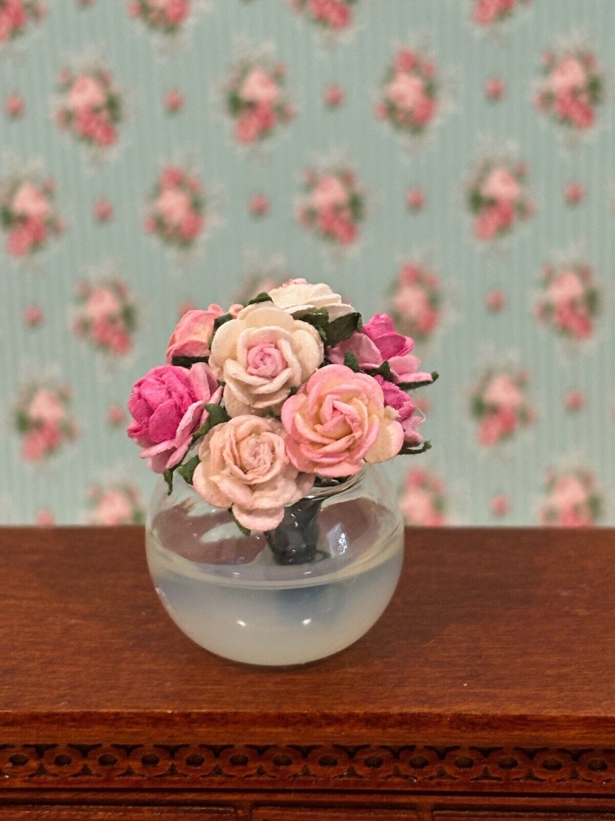 Dollhouse Miniature Glass Bowl of Roses Handcrafted