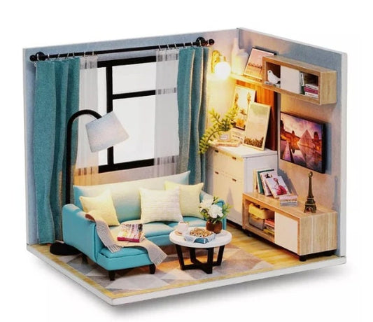 Cutebee Dollhouse Living Room in Blue Made of Wood DIY