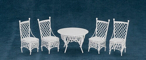 Dollhouse miniature white wire gathering table and 4 chairs