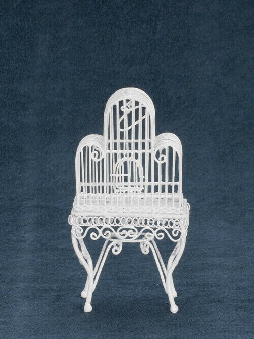 Dollhouse miniature white wire birdcage on table