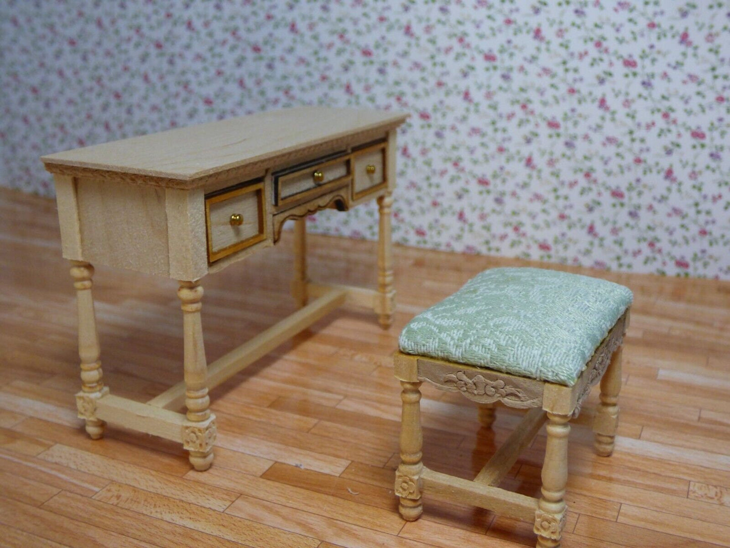 Dollhouse Miniature Unfinished Desk and Stool by JiaLi