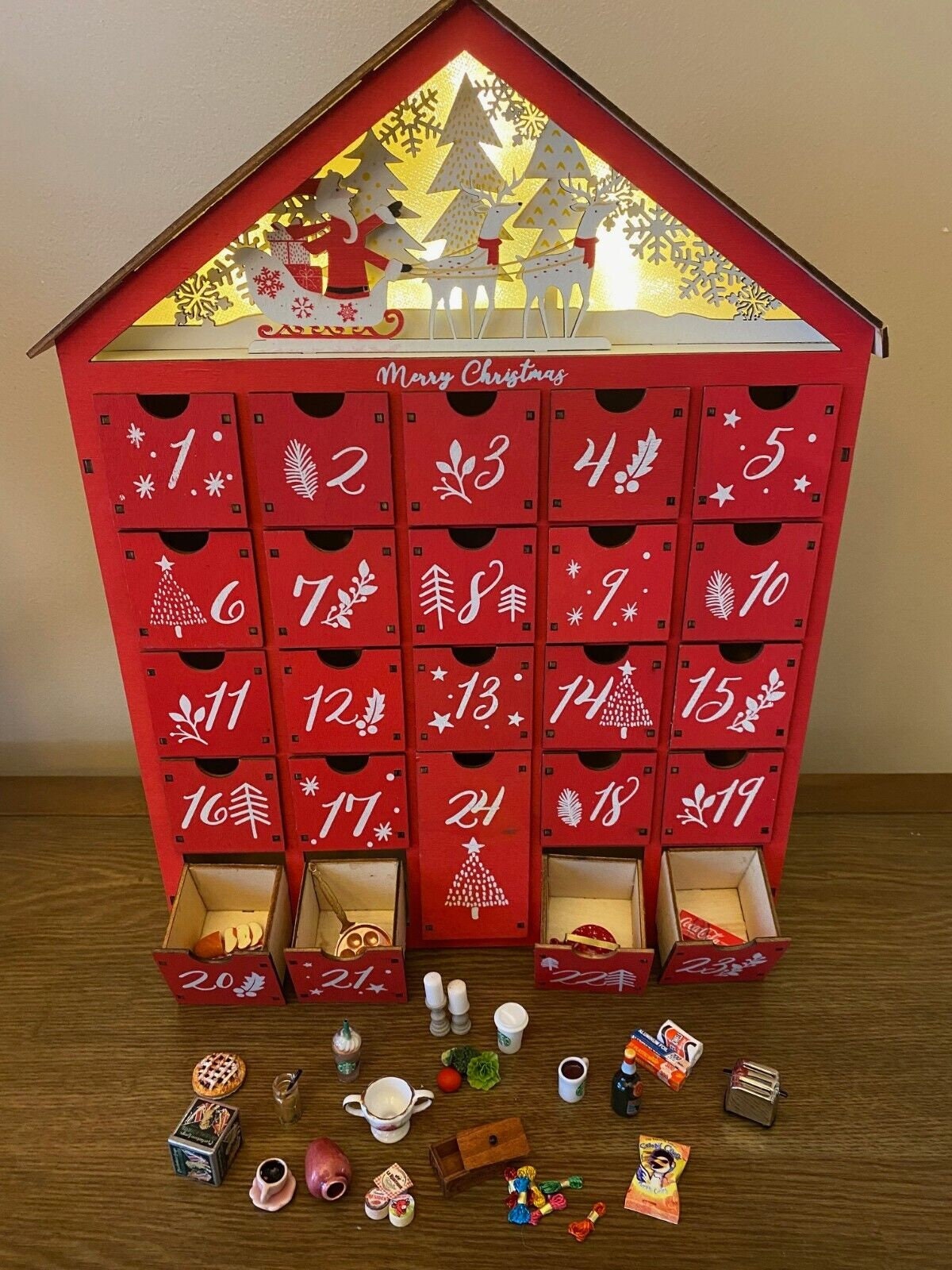 Lighted Holiday Advent Calendar Filled With Dollhouse Miniatures